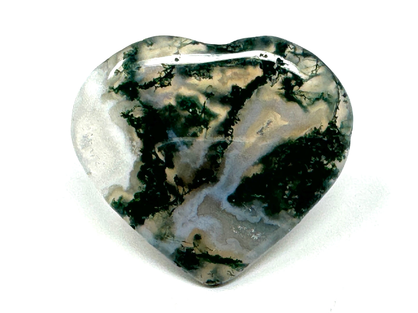 Flat Moss Agate Crystal Heart 5.1cm