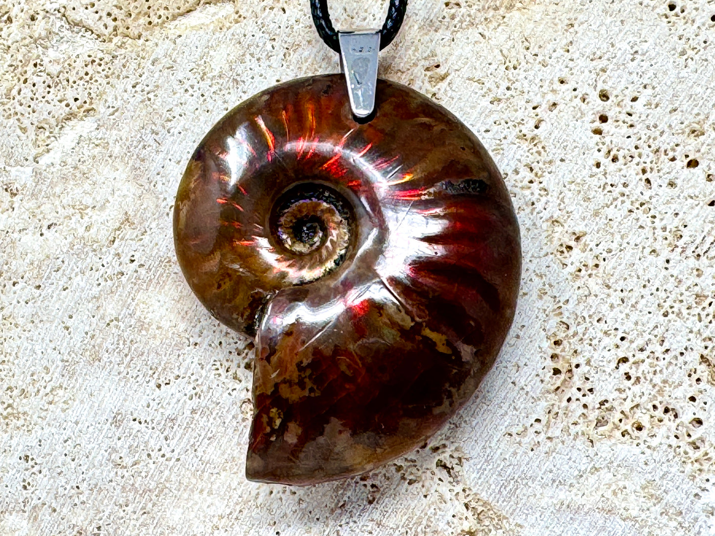 Red Iridescent Ammonite Pendant 4.3cm